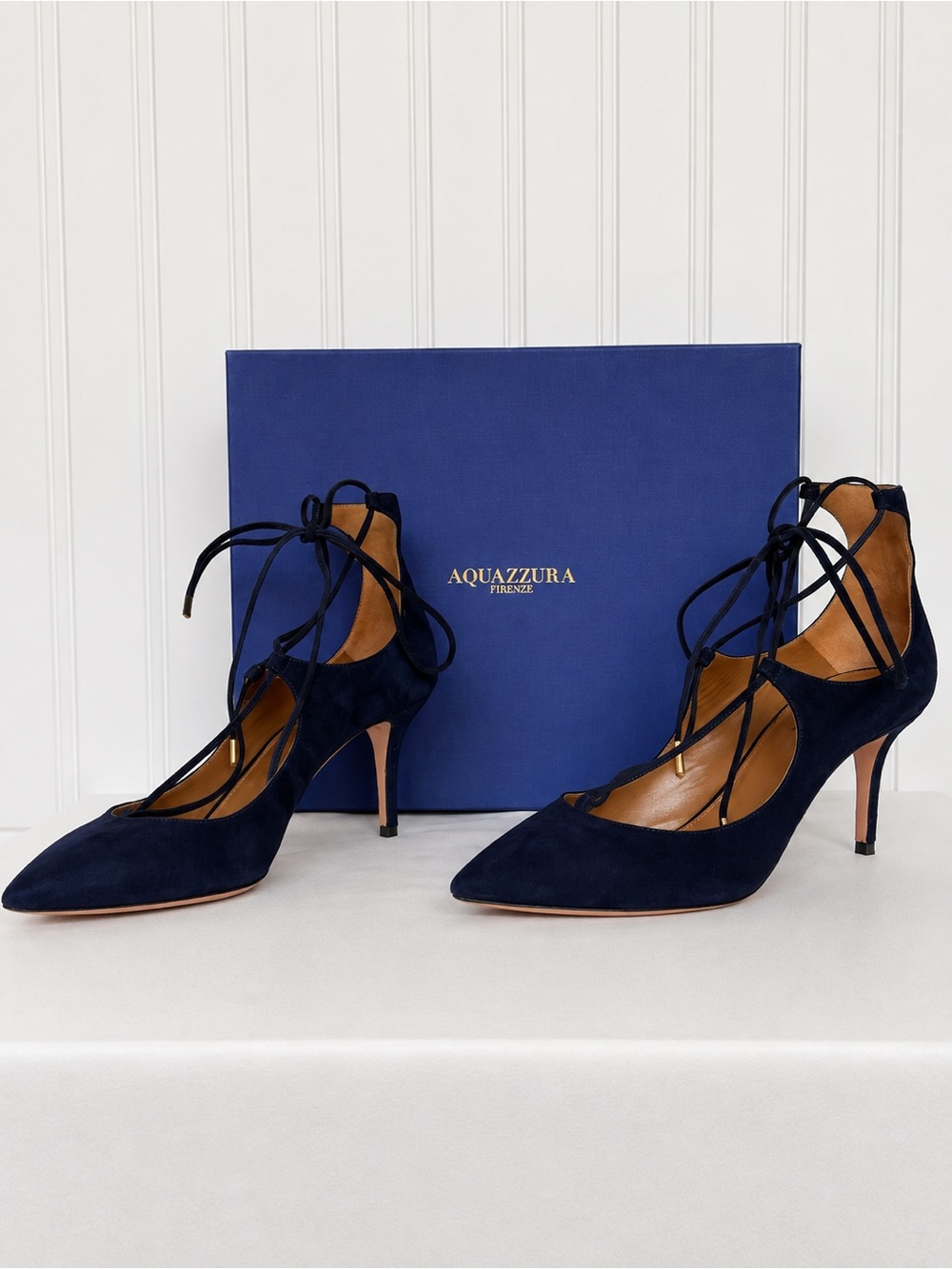 Aquazzura Christy Pump 75 Navy Suede Lace Up Heels Size 37.5 Box Authenticated